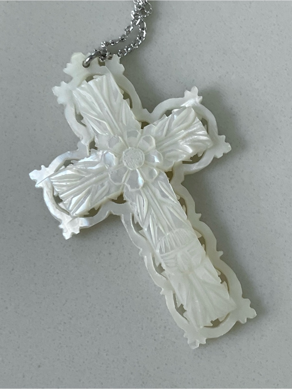 Vintage Ornately Carved Mother-of-Pearl Cross Pendant Necklace